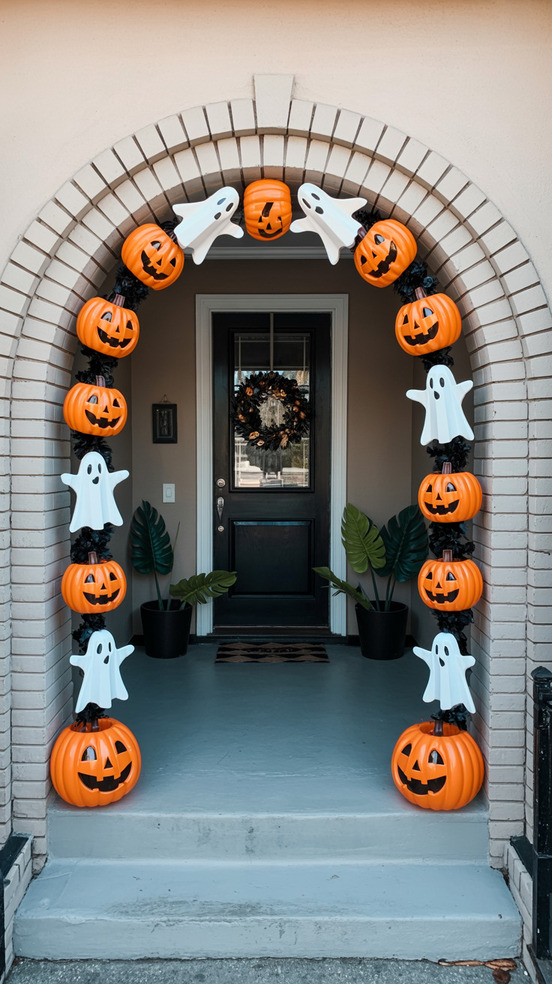Halloween front porch with a pumpkin and a ghost arch around the doorway