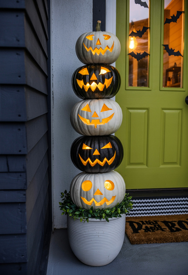 Small glowing stacked jack-o'-lantern topiary in a white planter by a green front door