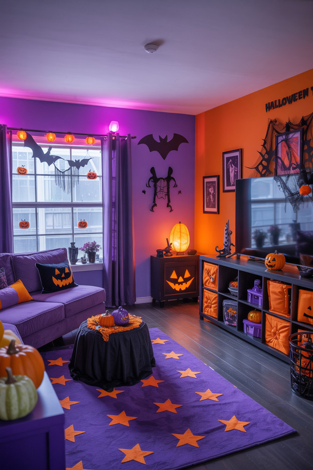 Halloween living room with purple lighting, orange decor, bats, and pumpkin accents