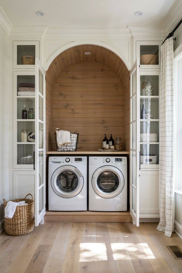 Bright laundry alcove with a front-load washer and dryer, built-in cabinets, wood paneling and a large window.