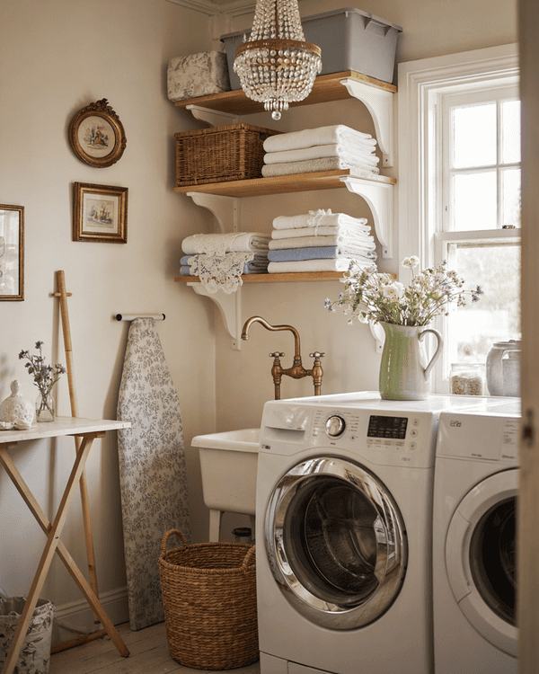 Warm vintage-style laundry room with a front-load washer, utility sink, open wood shelves, folded towels and wicker baskets.