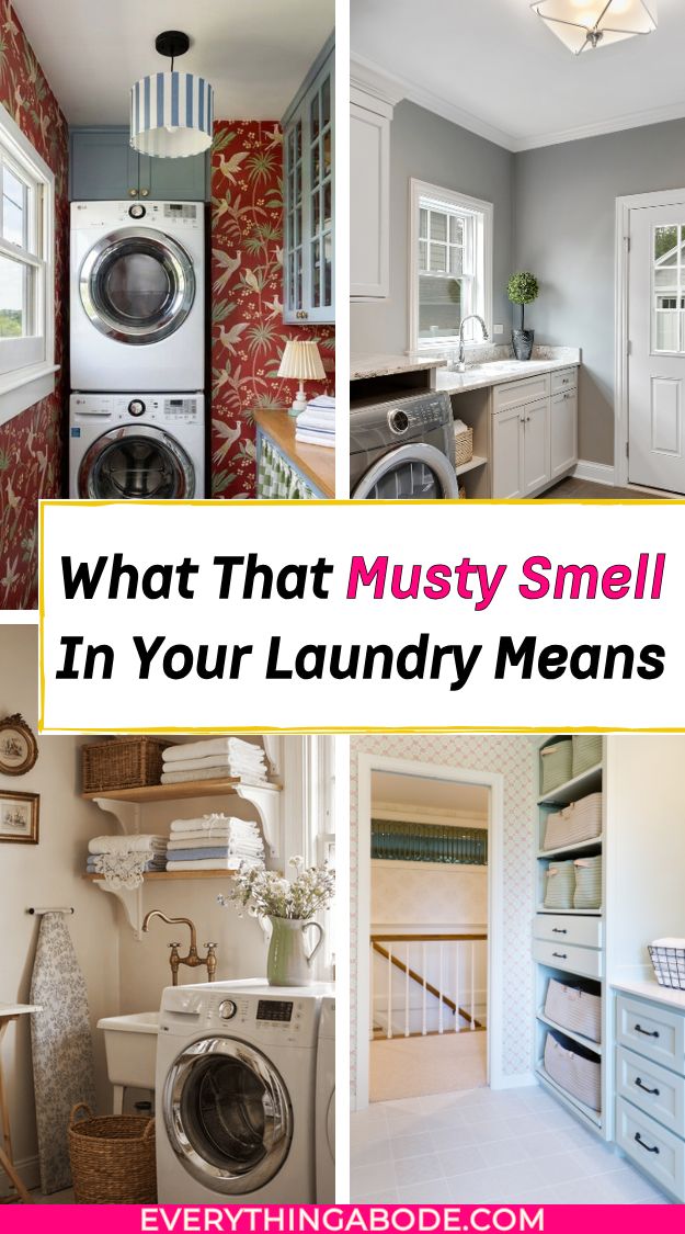 Pinterest graphic reading “What That Musty Smell In Your Laundry Means” with four laundry room photos.