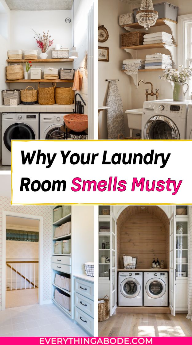 Pinterest graphic reading “Why Your Laundry Room Smells Musty” with four laundry room photos.