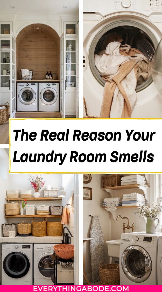 Pinterest graphic reading “The Real Reason Your Laundry Room Smells” with laundry room and washing machine photos.