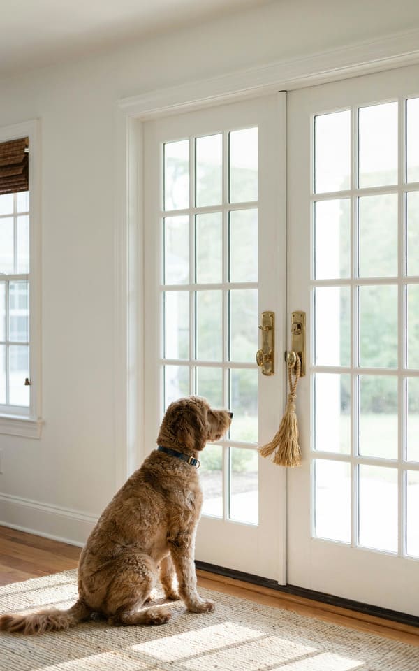 Dog sitting beside the front door in a shoe-free home