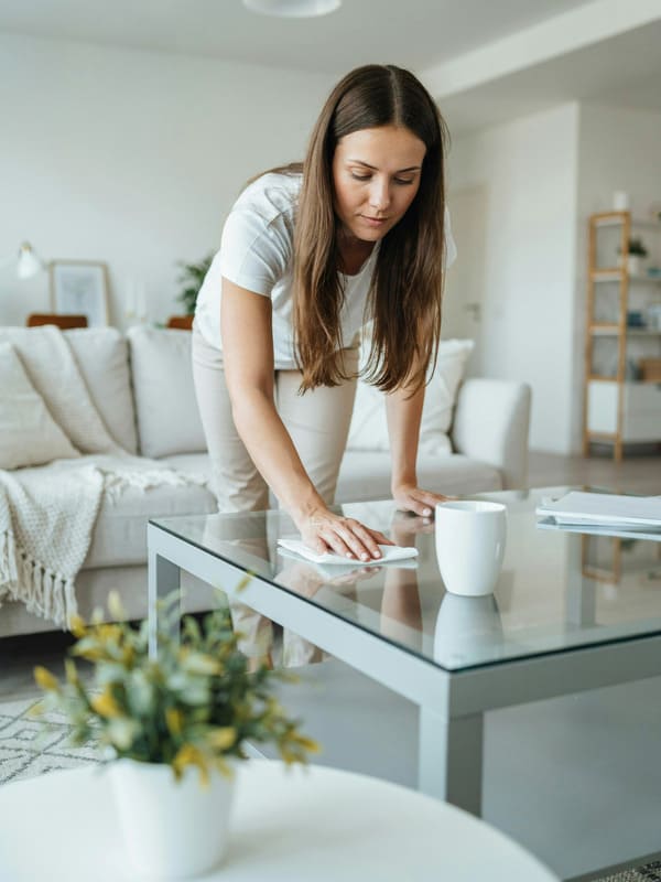 Woman dusting furniture in a living room.