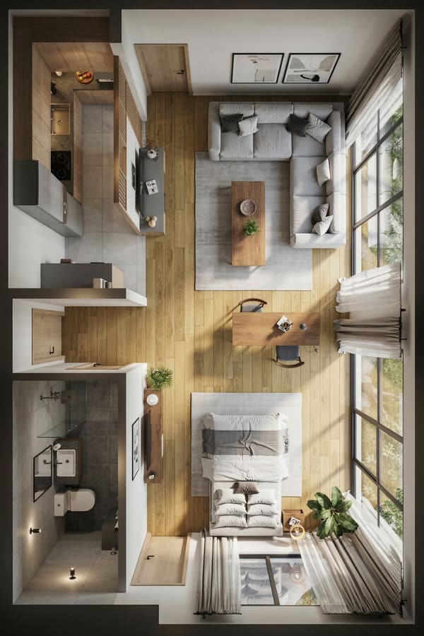 Long studio apartment floor plan showing separate kitchen living and sleeping zones