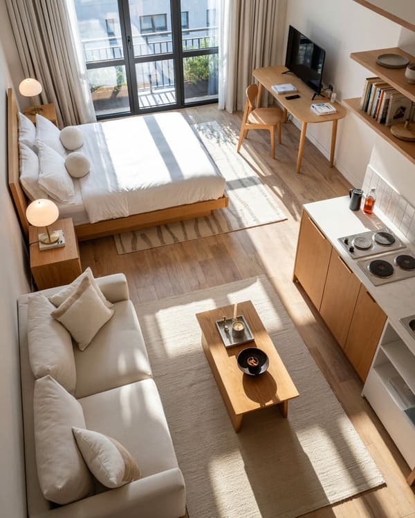 Open studio apartment layout with bed sofa dining space and kitchen
