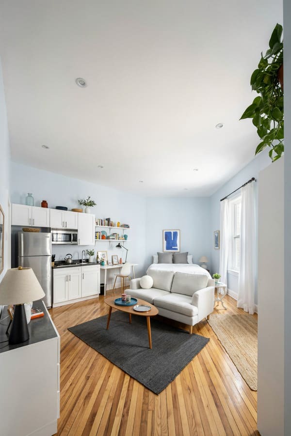 Open studio apartment with sofa bed and kitchen arranged into separate living zones