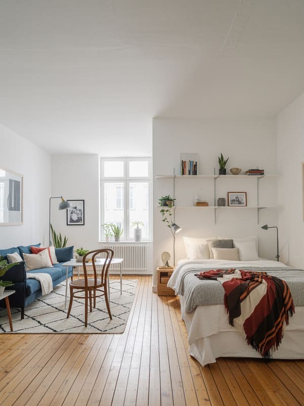 Scandinavian studio apartment with a separate tucked-away sleeping area