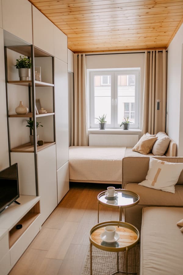 Small studio apartment with a sofa positioned between the bed and living area
