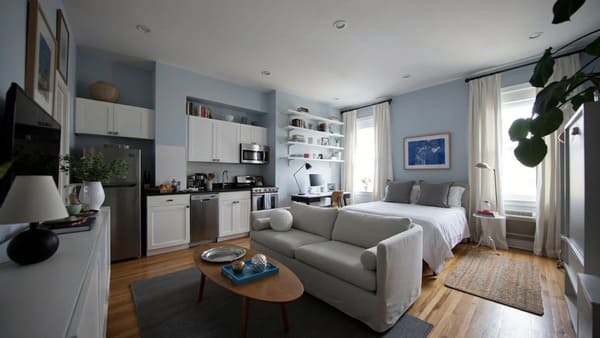 Studio apartment with the bed placed behind the sofa to separate sleeping and living areas