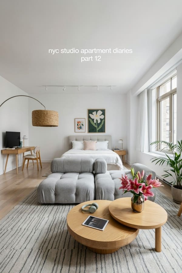 Studio apartment bed placed behind a sofa to separate the sleeping and living areas