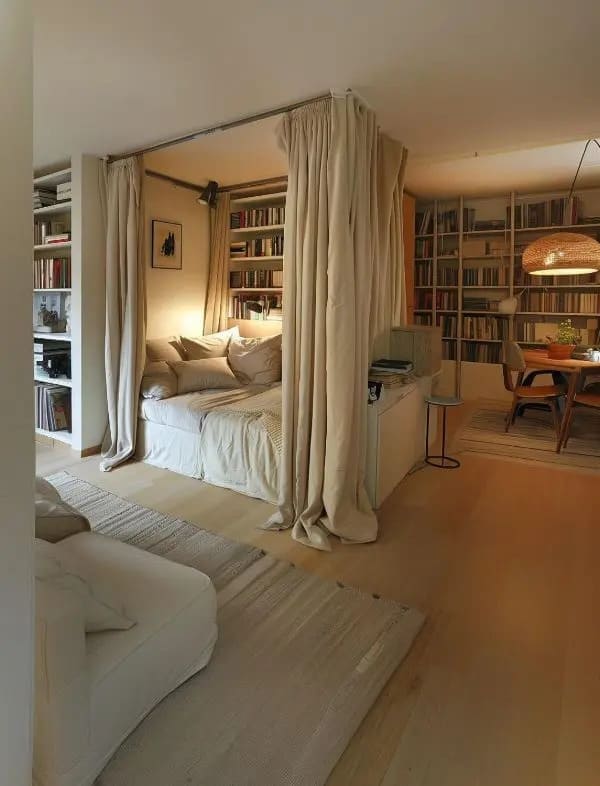 Curtain divider creating a private bedroom area in a studio apartment