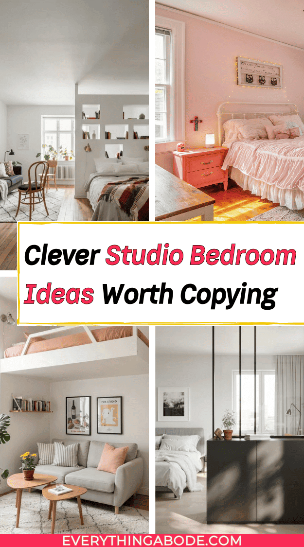 Studio apartment bed divider ideas using curtains shelving and layout
