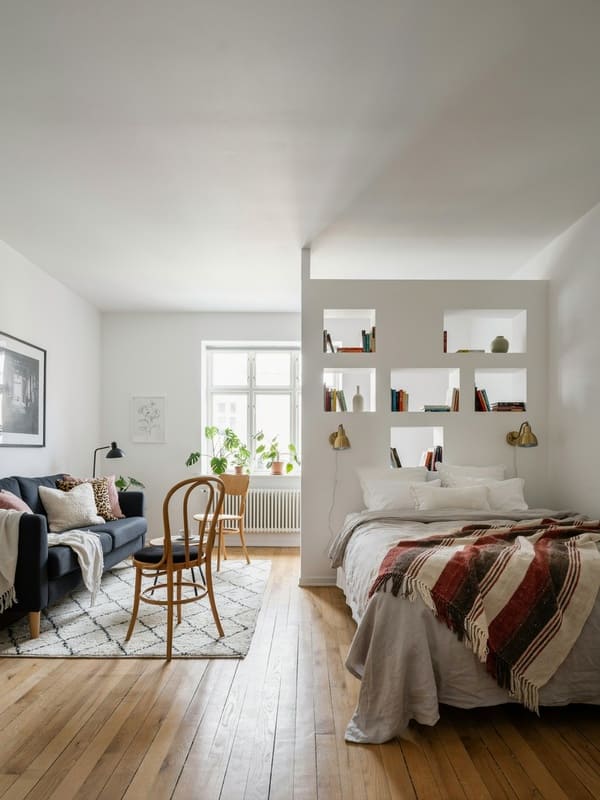 Partial wall with open cubbies dividing a studio apartment bedroom