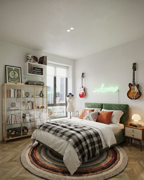 Area rug defining the bedroom zone in a studio apartment
