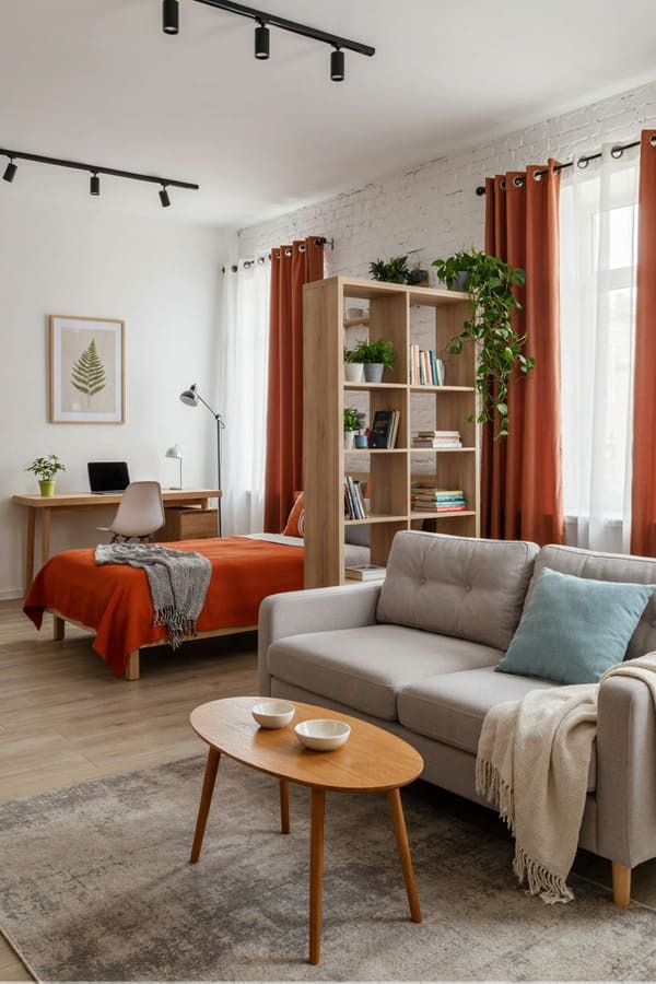 Studio apartment bed separated from the living area with an open bookshelf divider