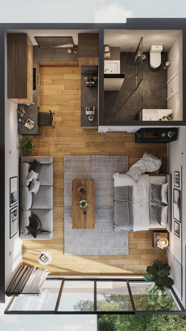 Studio apartment floor plan with bed sofa dining area and kitchen
