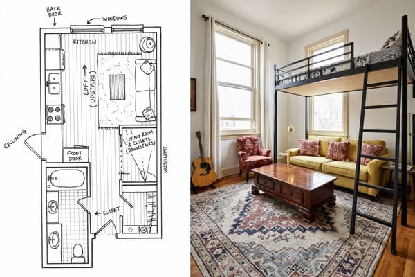 Studio apartment floor plan with a loft bed and open living area below