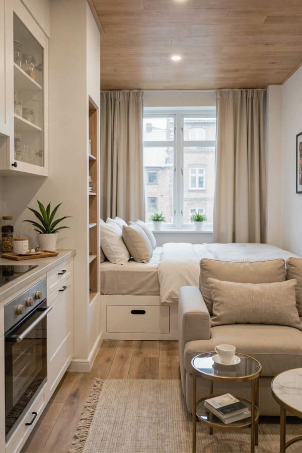 Studio apartment layout showing the kitchen sofa and bed in one open space