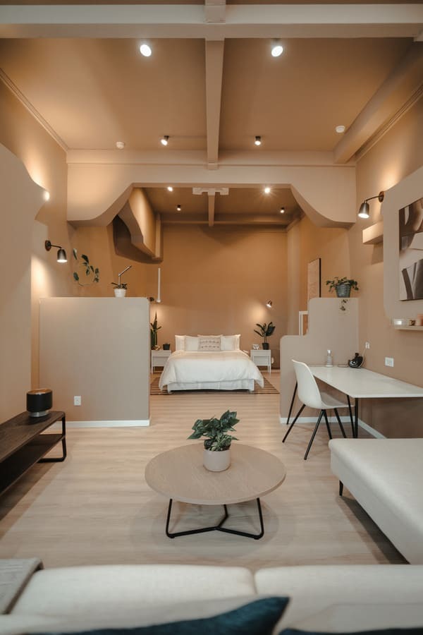 Studio apartment layout with a defined bedroom zone beside the living area