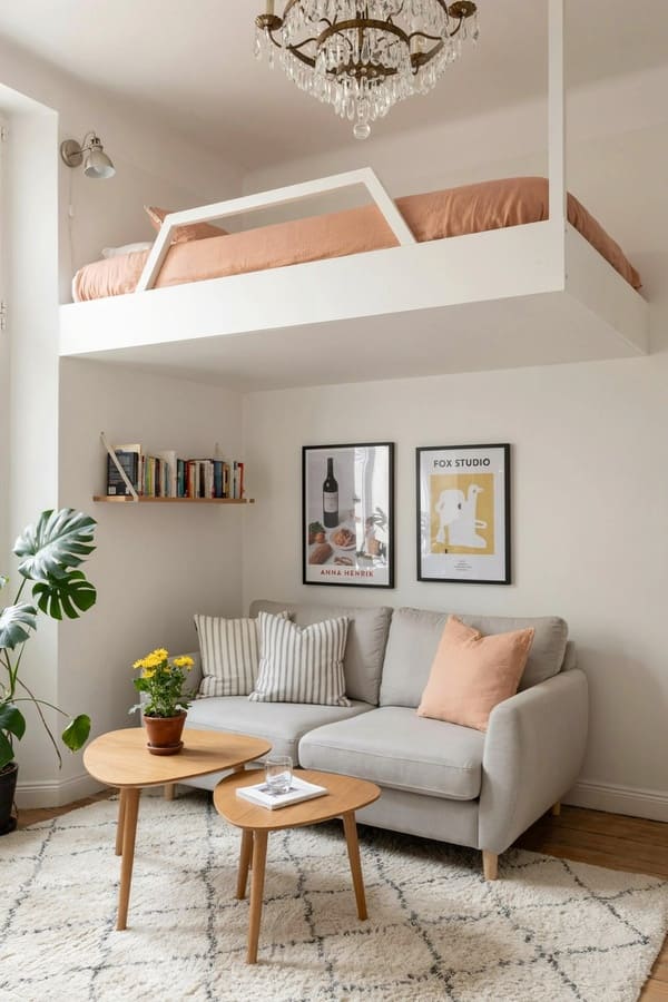 Loft bed above the living room in a studio apartment