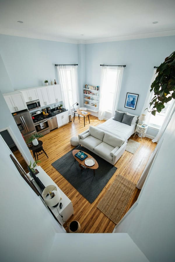 Studio apartment with sofa bed and kitchen arranged in separate areas
