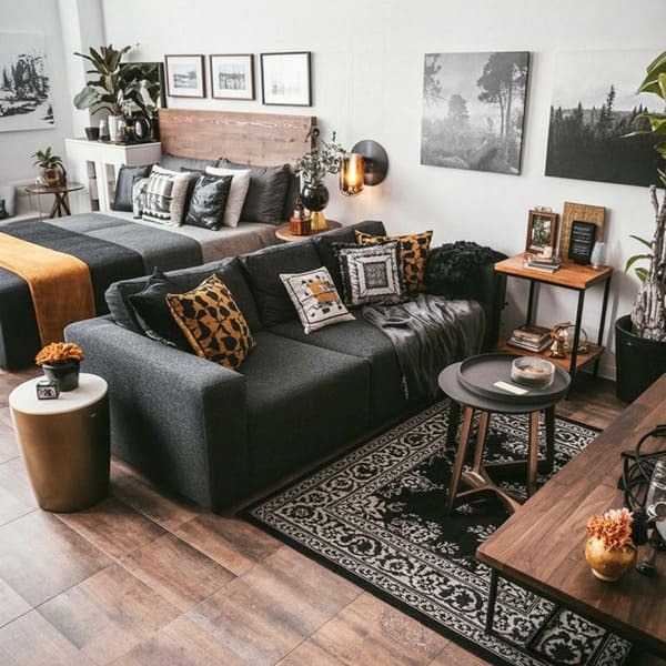 Studio apartment sofa used as a divider between the living room and bedroom