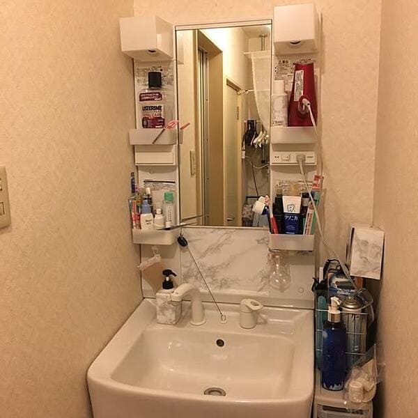 Bathroom sink area with packed shelves and numerous bottles and supplies