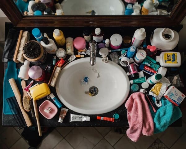 Bathroom vanity crowded with toiletries and personal care products