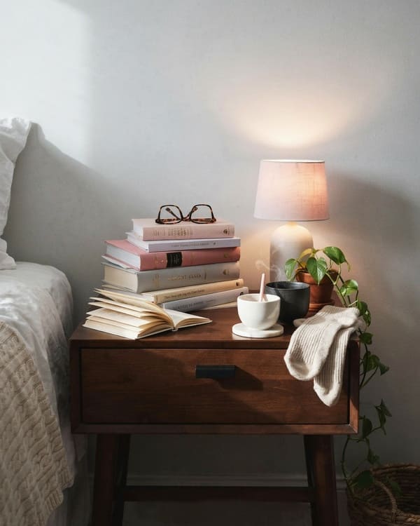 Bedroom side table filled with stacked books and other items