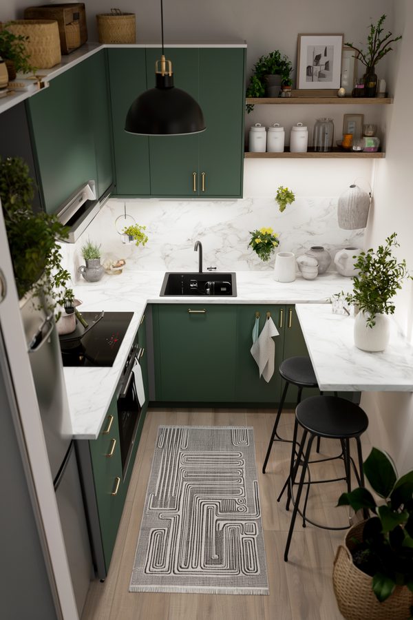 Compact green U-shaped apartment kitchen with marble-look counters and two stools