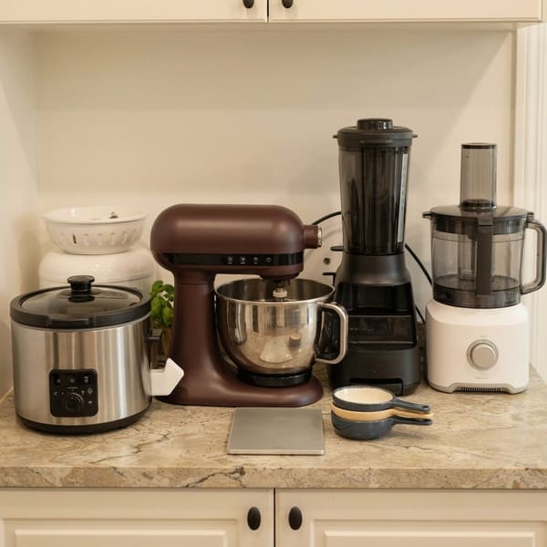 Kitchen countertop crowded with appliances leaving little room to prepare food