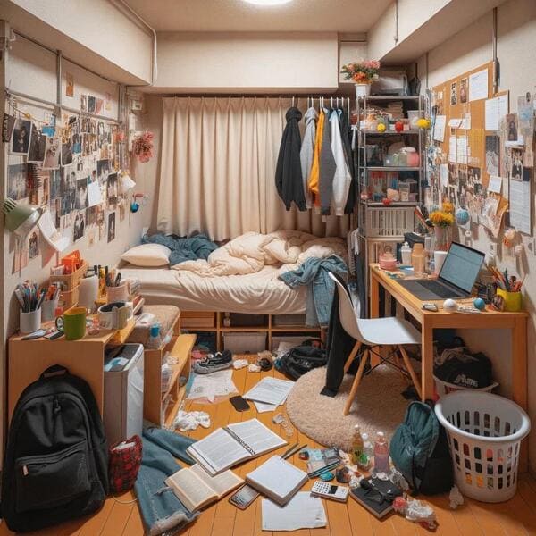 Small bedroom desk crowded with everyday clutter and belongings
