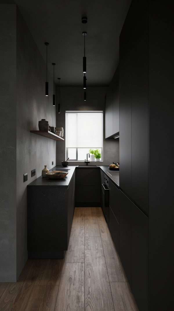 Narrow black galley kitchen with pendant lights and dark cabinetry