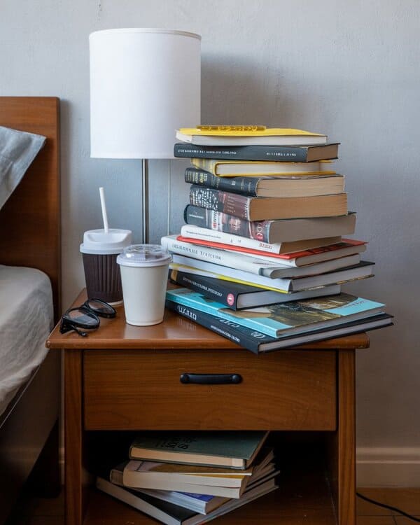 Bedside table crowded with stacks of books cups and everyday belongings