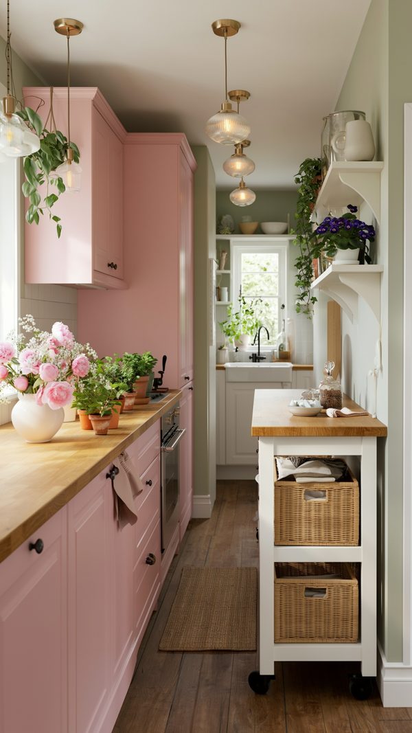 Pink galley kitchen with a rolling storage island and wicker baskets