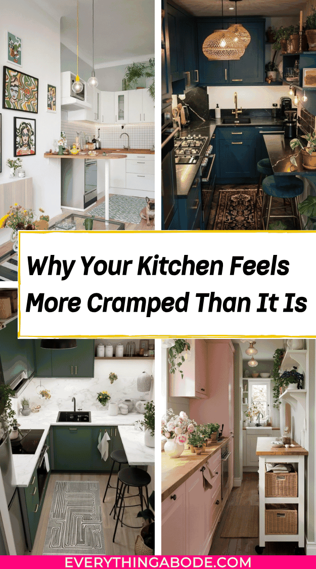Pinterest pin collage about why a small kitchen feels more cramped than it is
