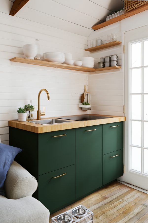 Small apartment kitchen with forest green cabinets, wood counters and floating shelves