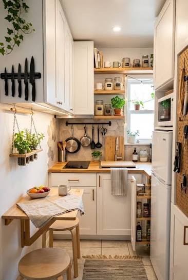 Tiny galley kitchen using wall shelves, hanging pans and a fold-down table